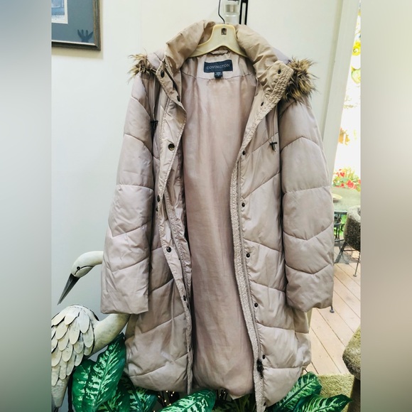 Covington Light Tan Puffer Coat with Faux Fur Trim - Picture 1 of 4